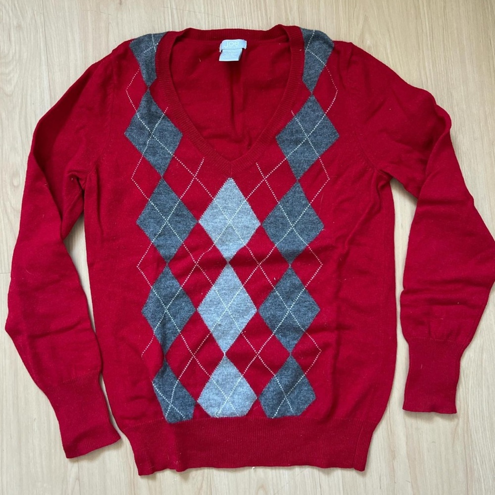 Red Argyle V-Neck Sweater
